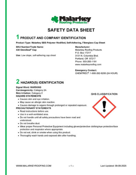 430 OmniSeal Cap Safety Data Sheet