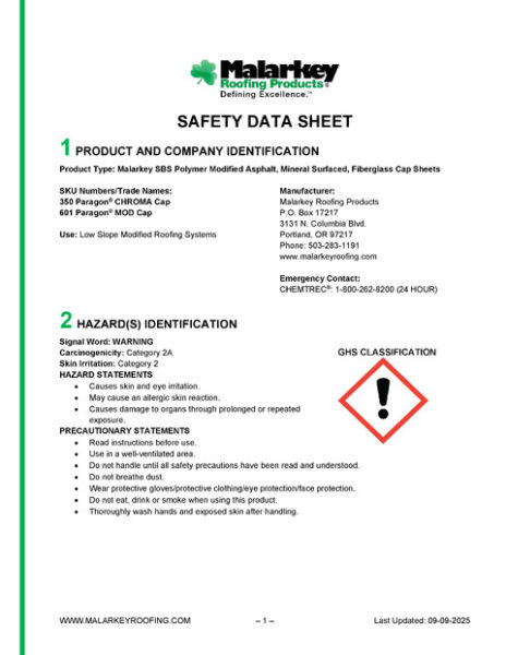 350 Paragon CHROMA Cap & 601 Paragon MOD Cap Safety Data Sheet