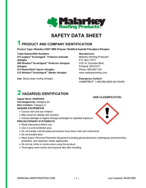 Windsor Scotchgard, Legacy Scotchgard, Windsor Starter, & Smart Start Safety Data Sheet