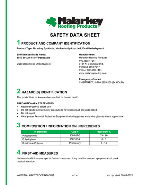 1040 Secure Start Permeable Safety Data Sheet