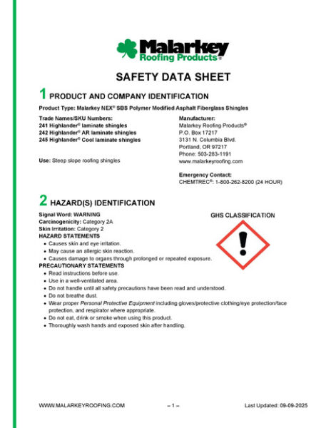 Highlander, Highlander AR, & Highlander Cool Safety Data Sheet
