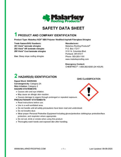 Vista, Vista AR, & Vista Cool Safety Data Sheet