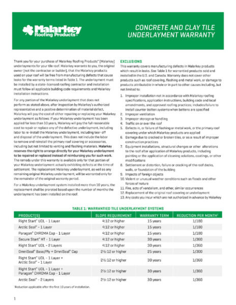Concrete and Clay Tile Underlayment Warranty