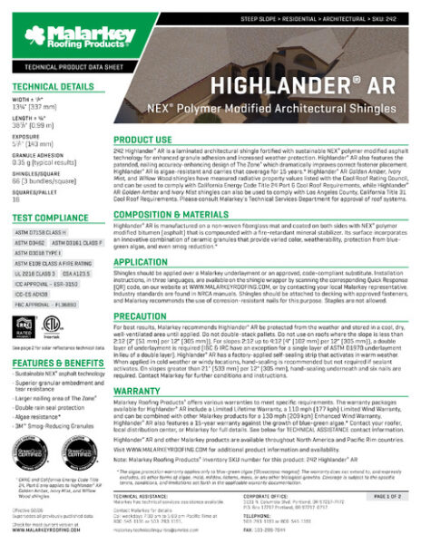Highlander AR Tech Data (HI)