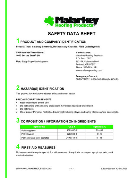 1030 Secure Start SG (Discontinued) Safety Data Sheet