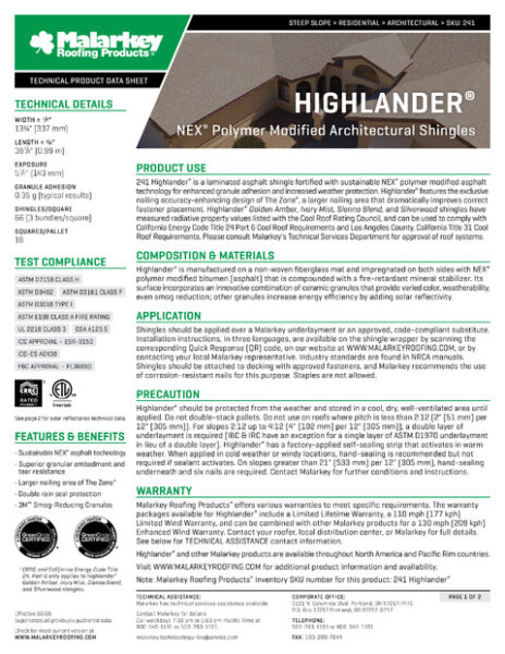 Highlander Tech Data