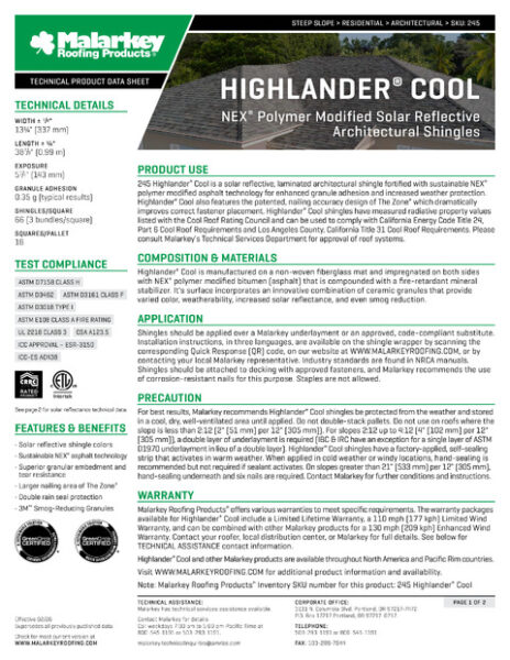 Highlander Cool Tech Data