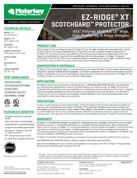 224 EZ-Ridge XT Scotchgard Tech Data