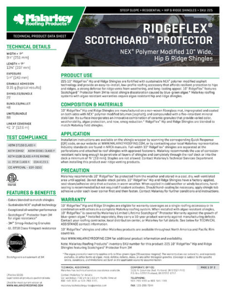 225 RidgeFlex Scotchgard Tech Data