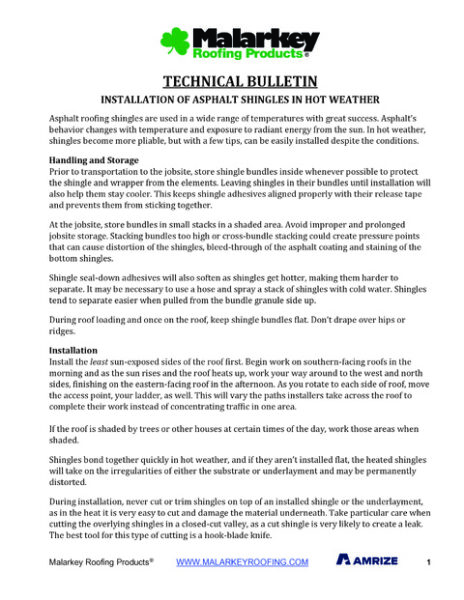 Technical Bulletin: Installation of Asphalt Shingles in Hot Weather